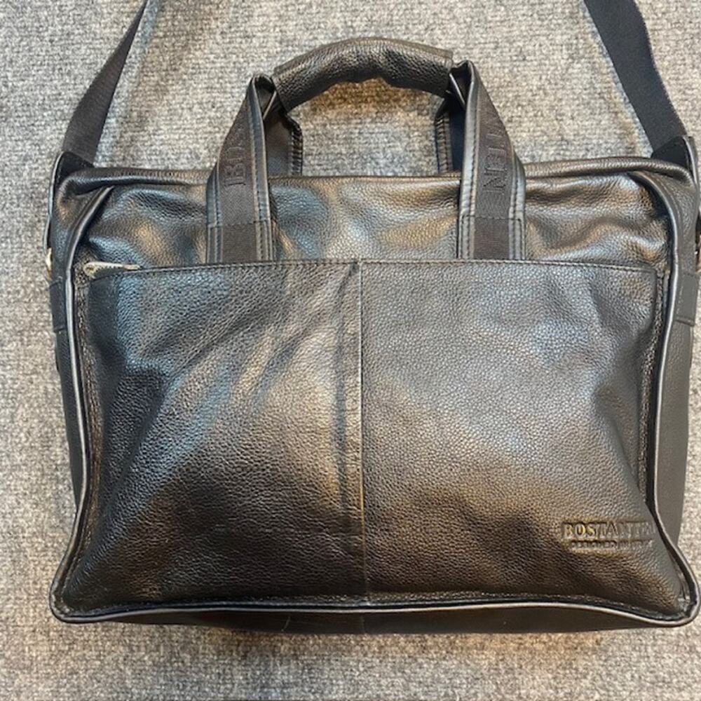 Bostanten Black Leather Briefcase Attache Laptop Case Classic Business 15x11x4